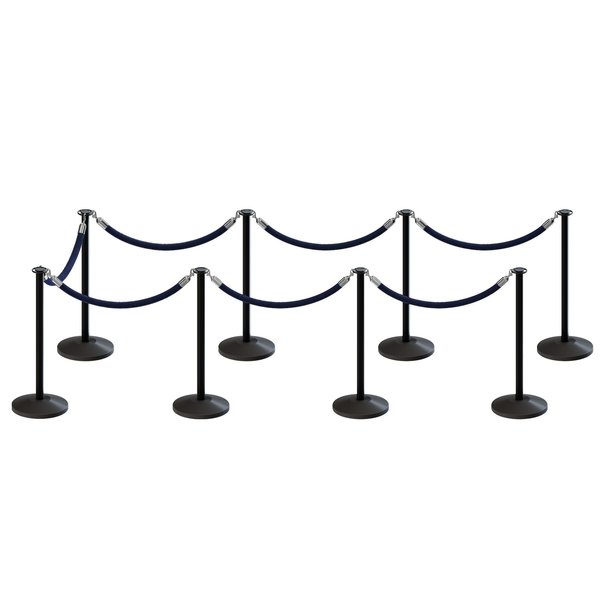 Montour Line Stanchion Post and Rope Kit Black, 8 Flat Top 7 Dark Blue Rope C-Kit-8-BK-FL-7-PVR-DB-PS